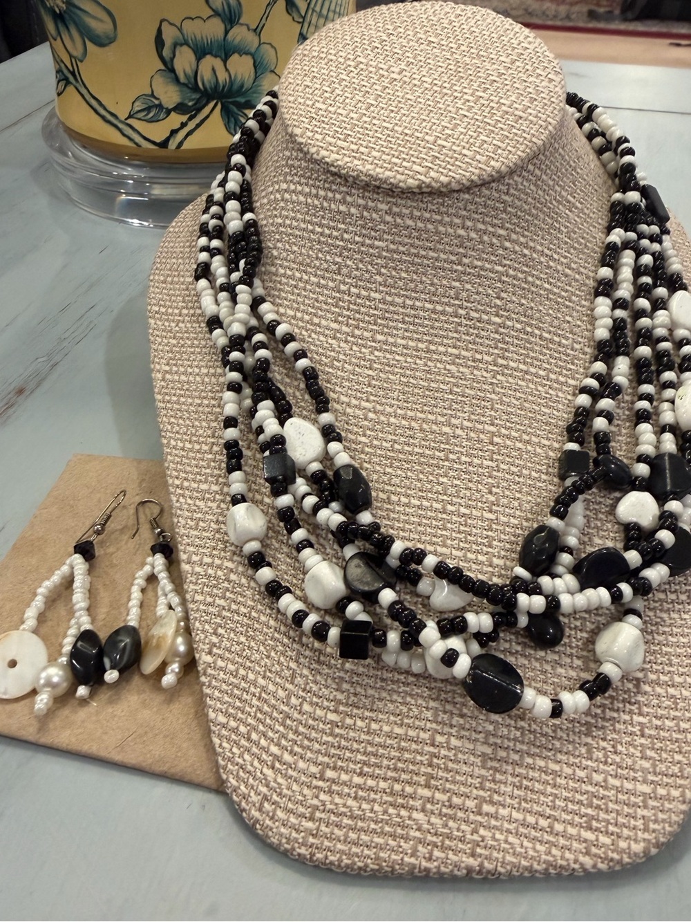 Handcrafted Black & White Multi-Strand Beaded Necklace and Earring Set